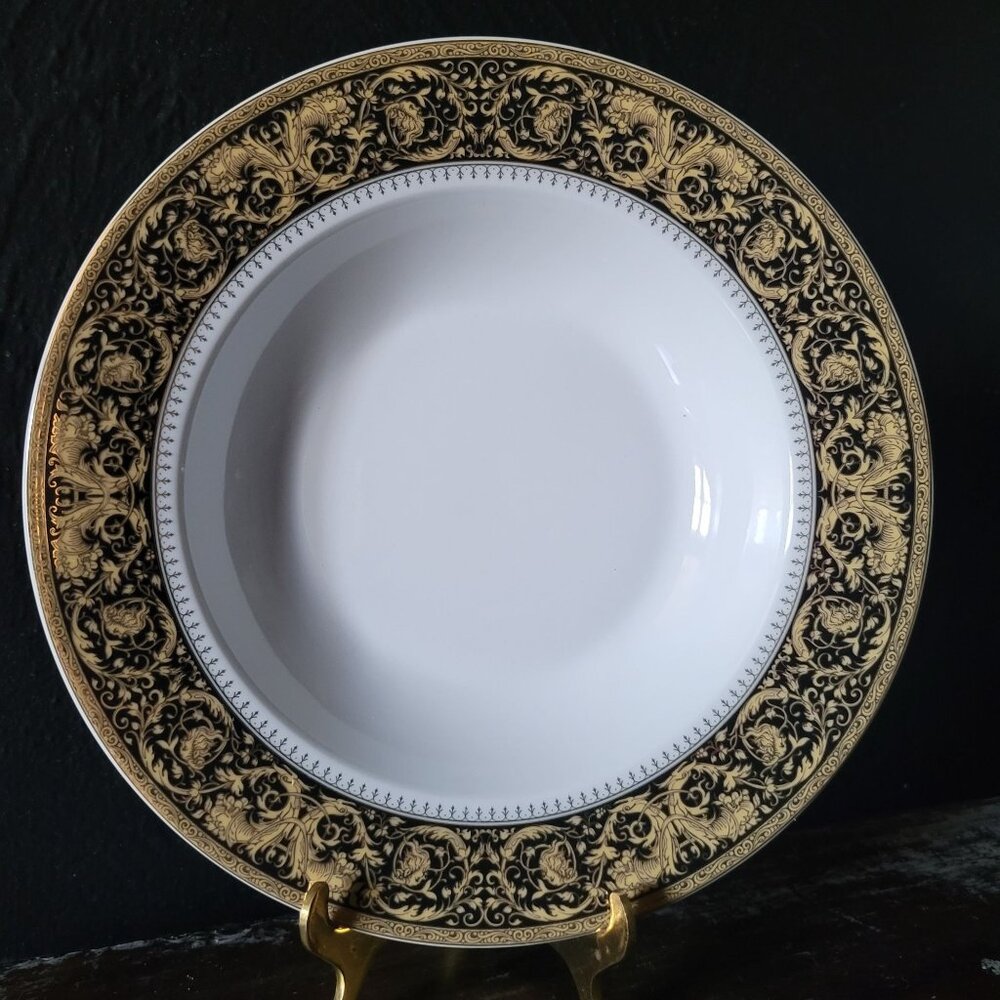 Vintage Pegasus Fine Porcelain Soup Bowl With Ornate Black & Gold Baroque Design